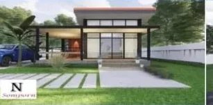 ภาพเรนเดอร์ บ้านชั้นเดียว สไตล์โมเดิร์น ผนังกระจกบานใหญ่
